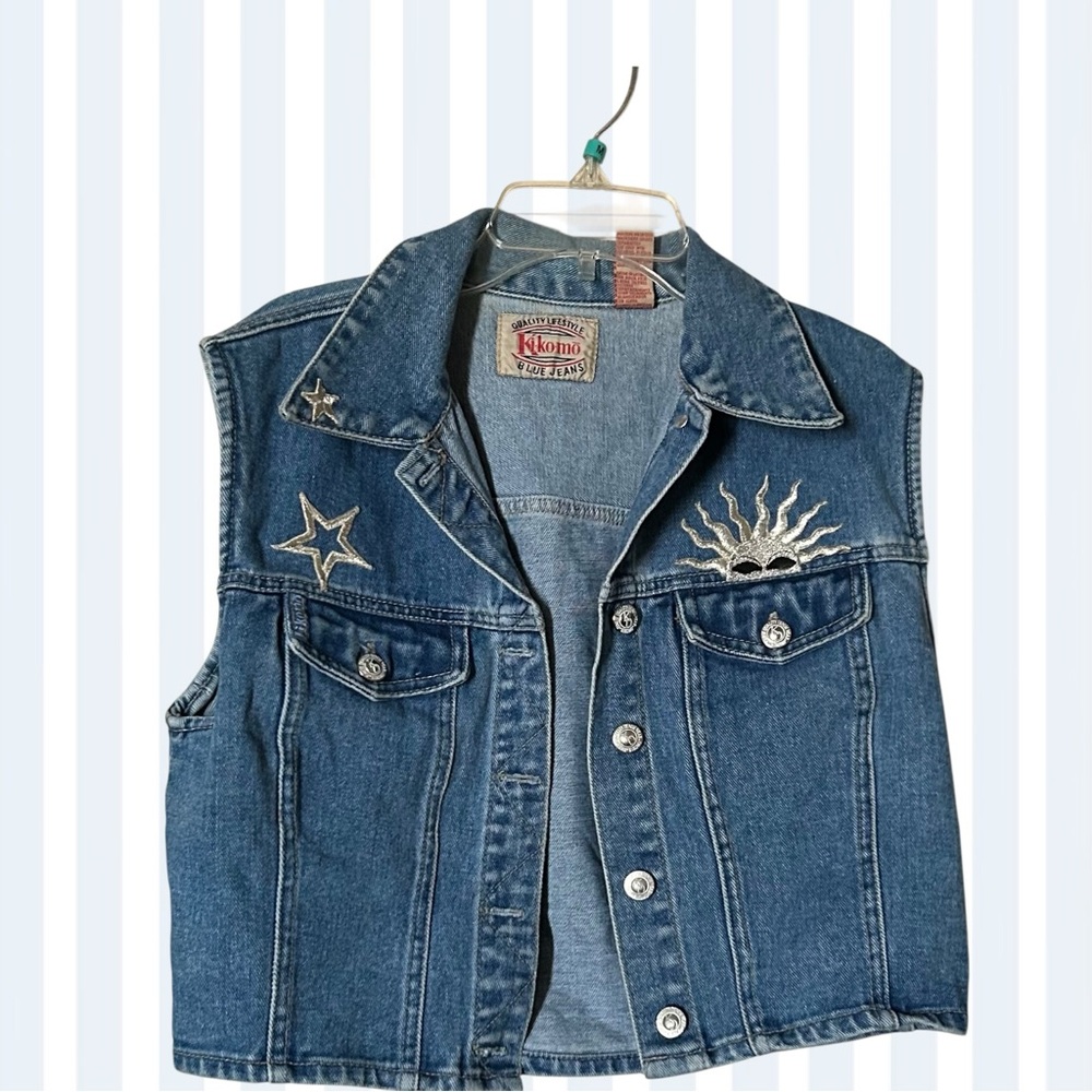 Vintage Denim Vest with Star and Sun Embroidery